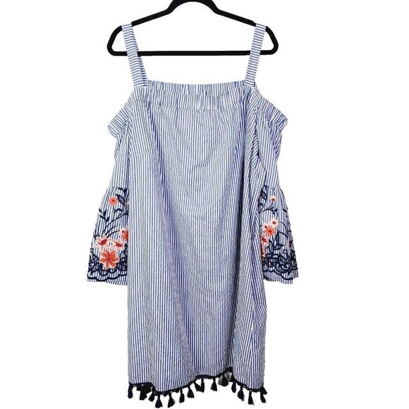 Eliza J Cold Shoulder Blue White Striped Floral Embroidered Dress Tassels 22W - Picture 1 of 12